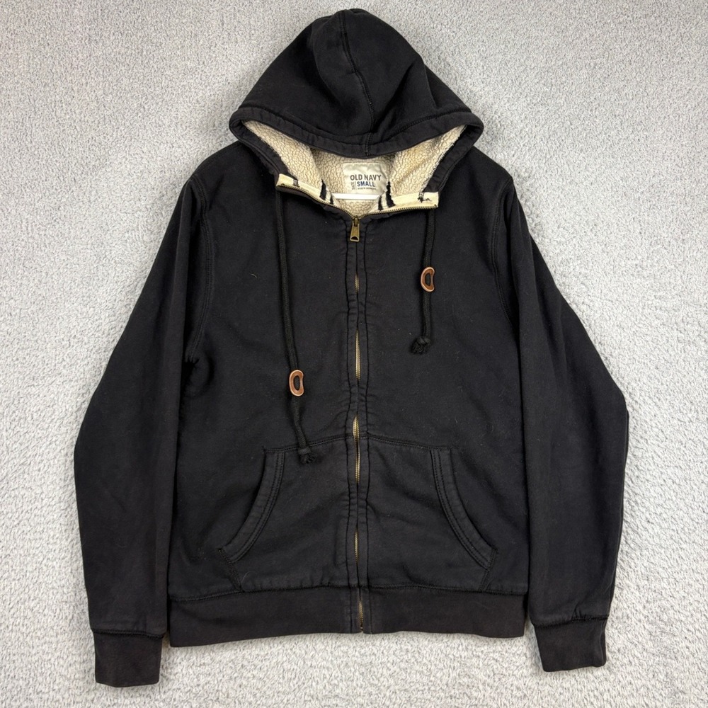 Old Navy Hoodie Mens Small Black Sherpa Lined Full Zip Up Heavyweight Sweatshirt